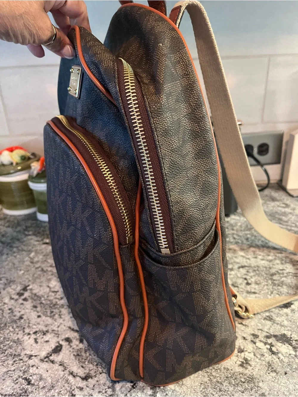 Michael Kors Large Zip-Pocket Backpack MK Brown Logo